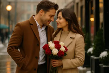 pareja enamorada con ramo de rosas rojas y blancas en una cita romántica de invierno