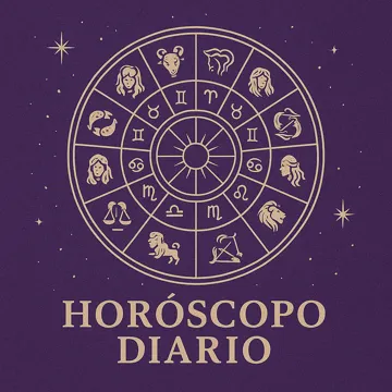 rueda zodiacal con los doce signos y texto Horóscopo Diario sobre fondo púrpura