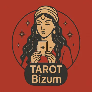 mujer vidente con carta de tarot y texto Tarot Bizum sobre fondo rojo

