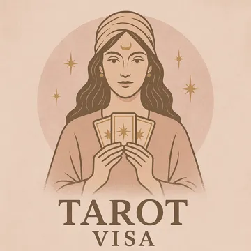 ilustración de mujer vidente con cartas de tarot y texto Tarot Visa sobre fondo rosa claro