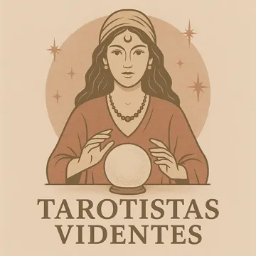 ilustración de tarotista con bola de cristal y texto Tarotistas Videntes sobre fondo beige