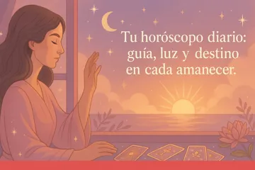 Mujer consultando el horóscopo diario gratis al amanecer con cartas y cielo estrellado