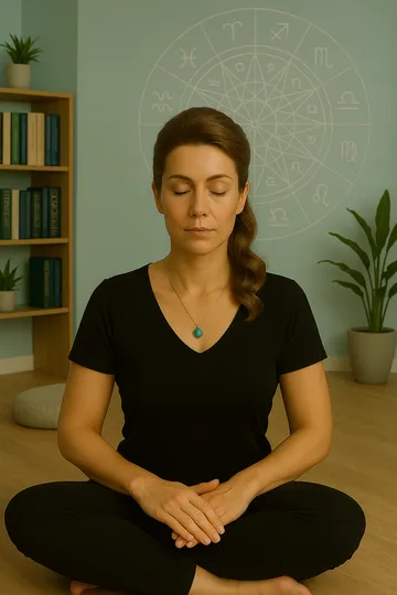 Julia, vidente y tarotista, en meditación espiritual con símbolos zodiacales de fondo