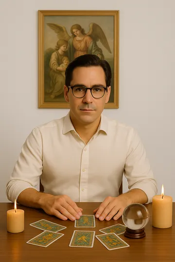 Ángelo, vidente y tarotista, en sesión espiritual con cartas, velas y bola de cristal